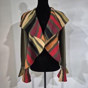 Colorful Striped Women's Cardigan with Ruffled Aleeves and Button Closure